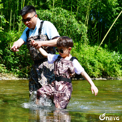 NeyGu childrens fishing waders with boots, kids chest camo waders with boots,  youth fishing waders, toddlers